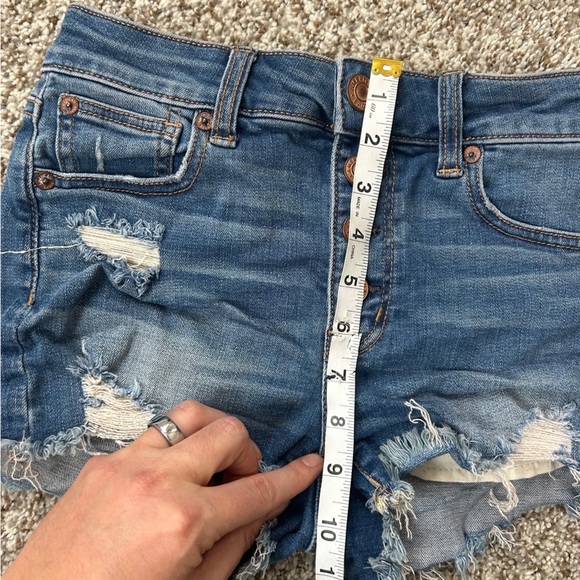 🦋 American Eagle Outfitters Super Stretch High Rise Shorties Denim Shorts 0 - Picture 7 of 8